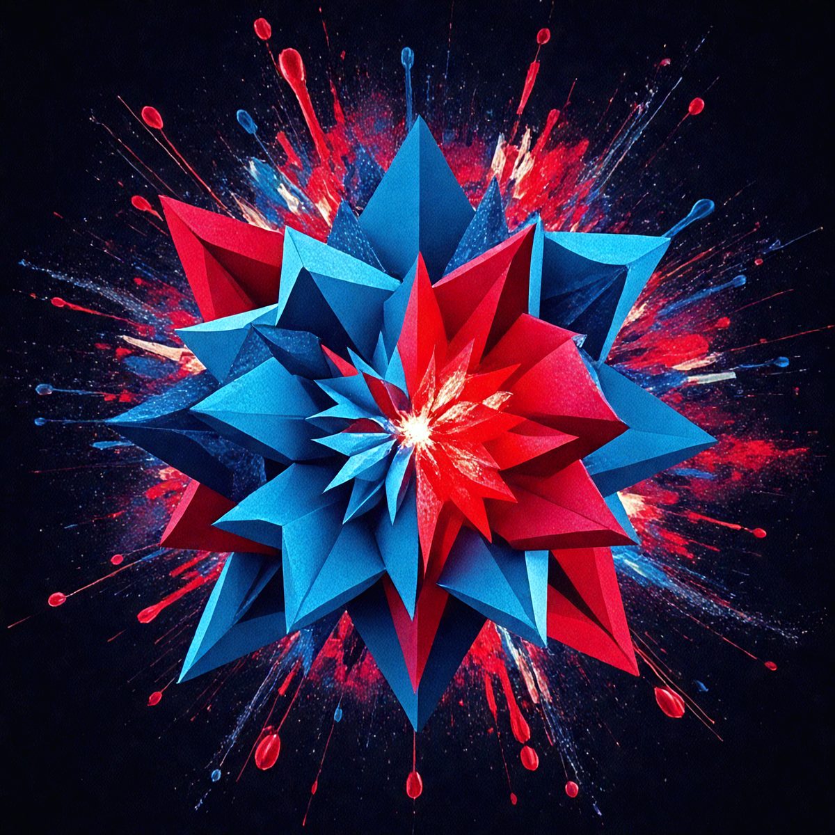 The primary subject of the image is a blue and red geometric pattern, which appears to be a digital art or illustration. The setting is a dark background, which contrasts with the vibrant colors of the pattern. The visual style suggests that the image is a creative and artistic representation of the geometric design. The dominant colors are blue and red, which evoke a sense of energy and dynamism.